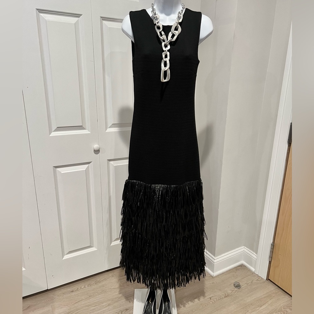 Elegant Black Sleeveless Low Back Fringe Midi Dress